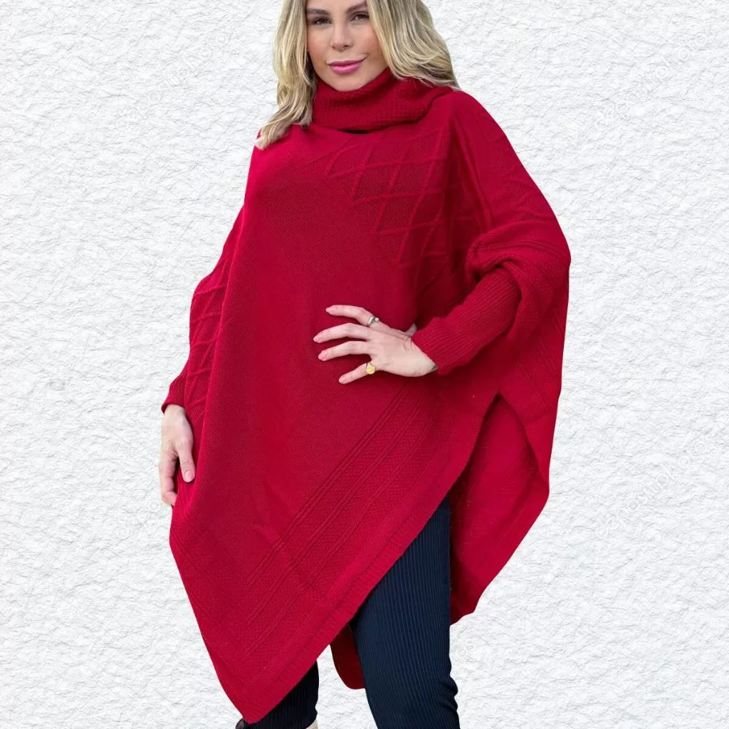 Blusa de Inverno Tricô – Poncho Estilo Pala(capa) – Gaúcha – Feminina – Cor Vermelha