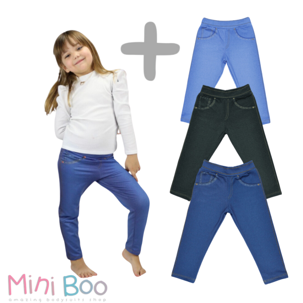 Kit 3 Calças Fake Jeans Sem Elástico Proteção Solar 50+ Para Bebês E Infantil – 3 Cores Azul Médio,