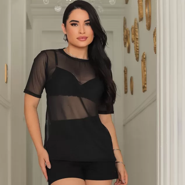Blusa Blusão Camisetão Tshirt Tule Transparente 