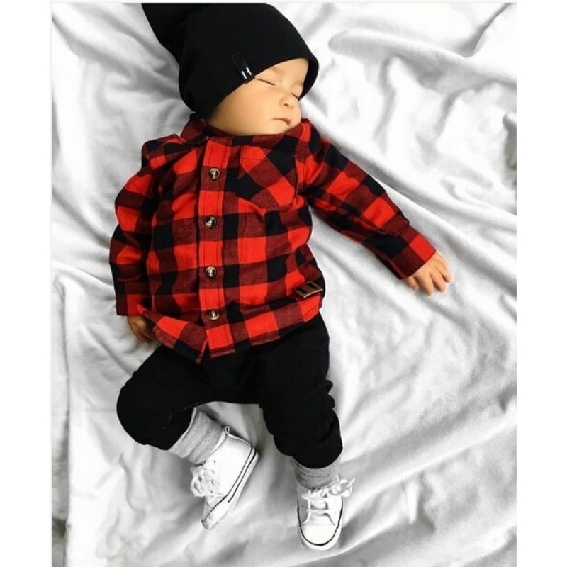 Camisa Xadrez bebê infantil flanelada manga longa com bolso criança