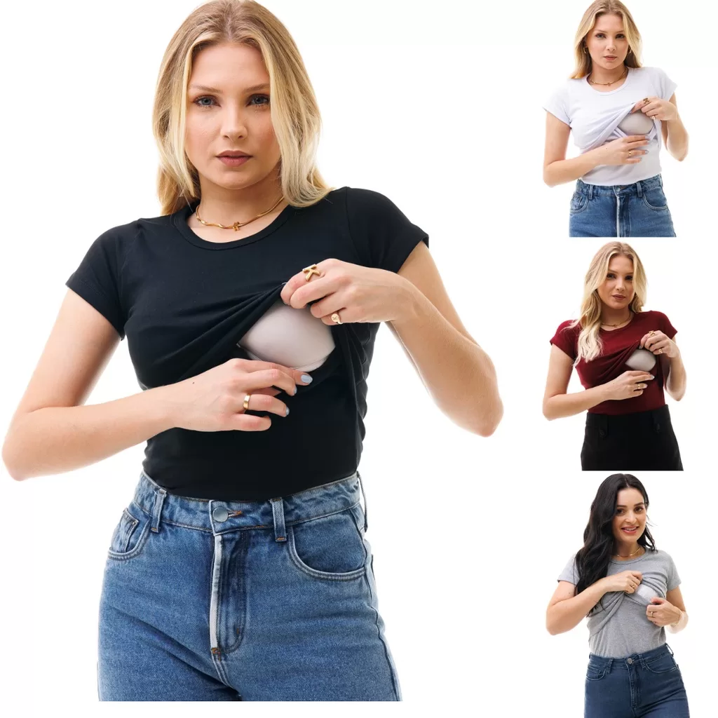 Kit Com 4 Blusa Para Amamentação Manga Curta Gola Redonda