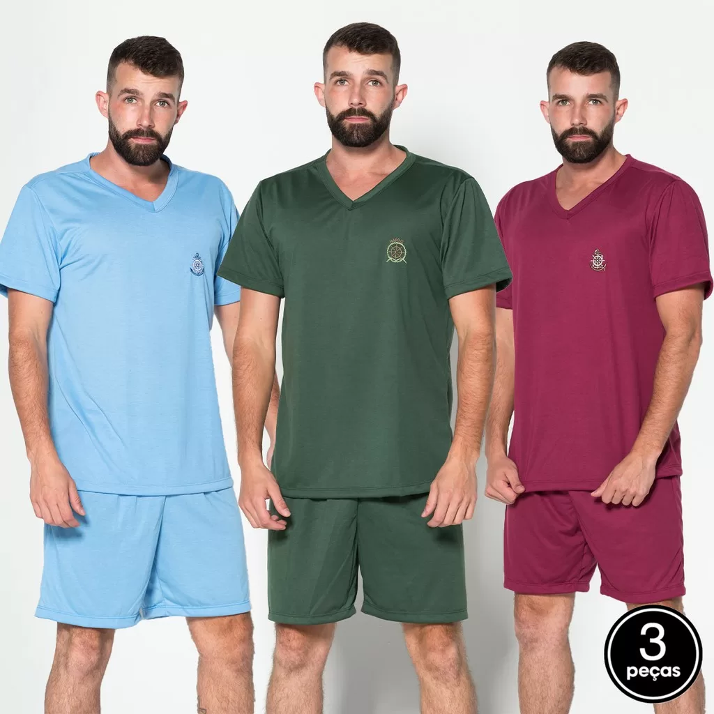 Promoção Kit 3 Pijama Gola V Masculino Verão Curto Short Blusa Lisa Adulto