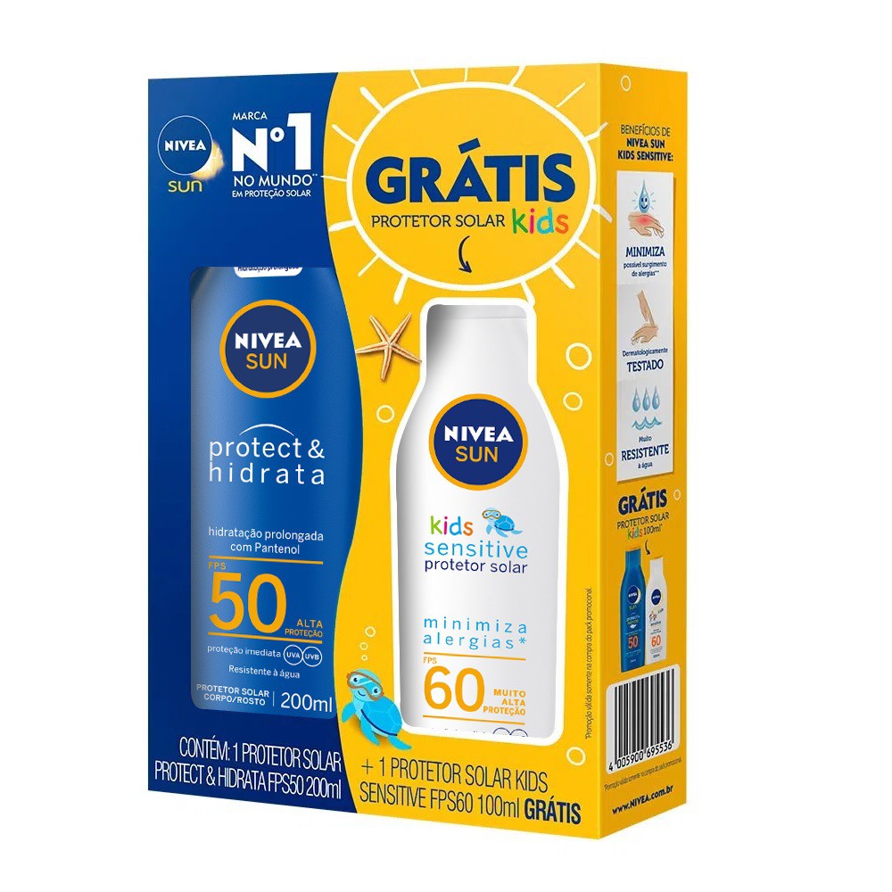 Kit Protetor Solar Nivea Sun Protect E Hidrata FPS50 200ml + GRÁTIS Kids Sensitive FPS60 100ml