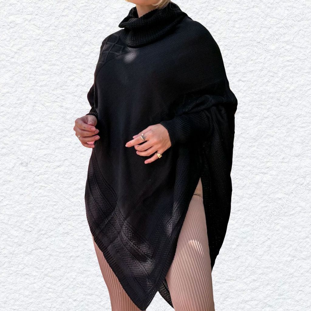 Kimono Inverno Tricot Grosso Feminino – Poncho Estilo Pala Gaúcha – Cor Preto