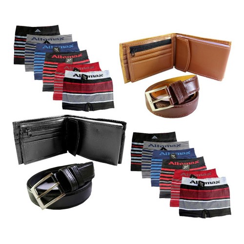 Kit 2 Cintos + 2 Carteiras De Couro + 12 Cueca Box