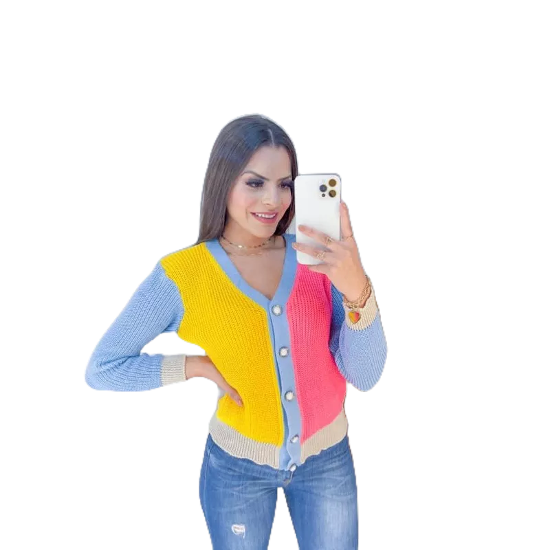 Cardigan Casaco Feminino Trico Cores Neon Inverno Lindo Perfeito com Botão Juliana