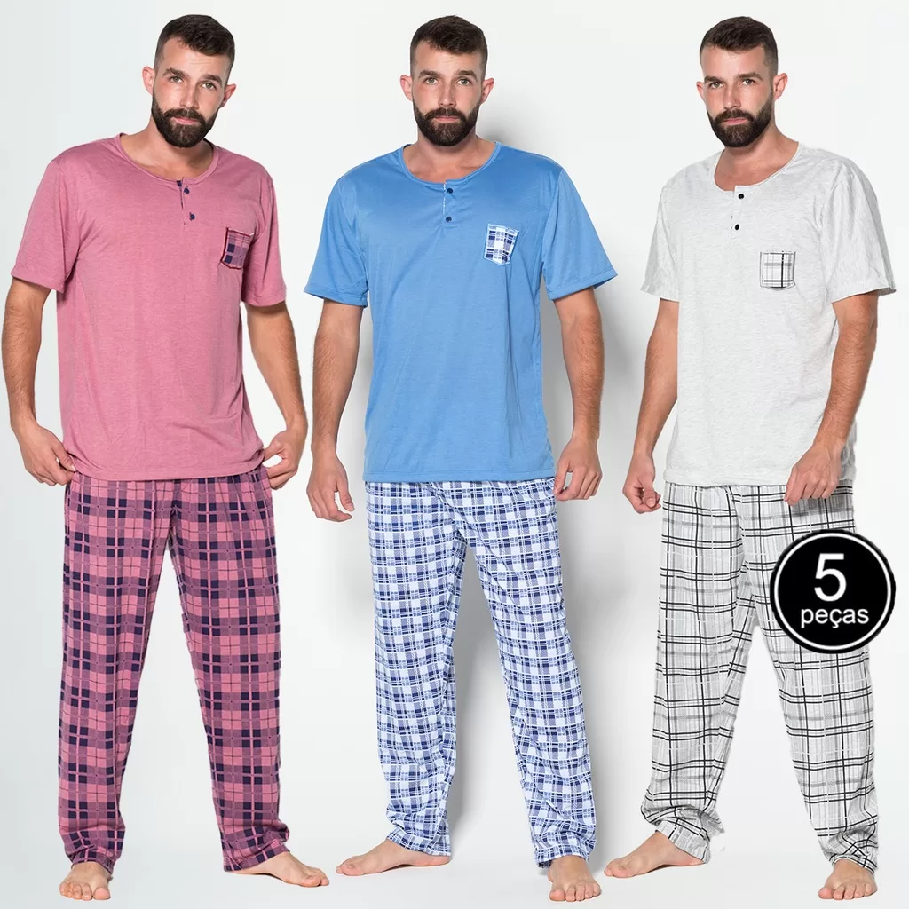 Kit 5 Pijama Calça Longa Manga Curta Adulto Masculino Malha Meia Estação