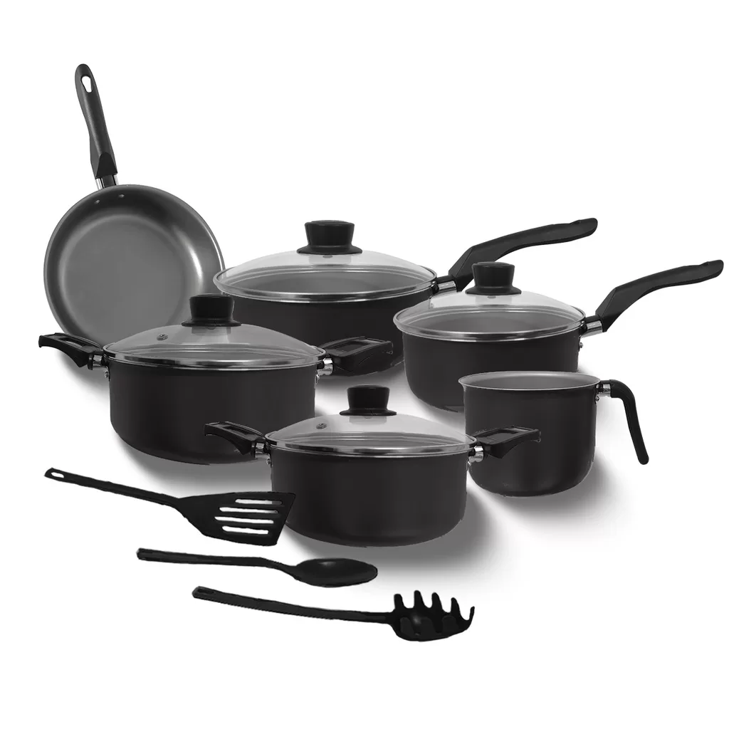 Jogo de Panelas 09 Peças Preto Antiaderente c/ Tampa de Vidro + Utensílios – Marpal