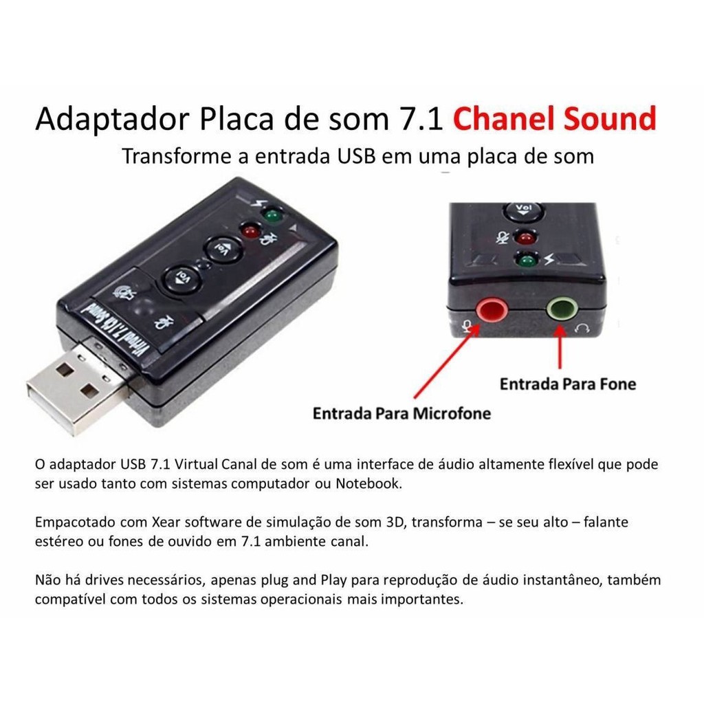 CONECTOR P2 FONE MICROFONE ADAPTADOR PLACA DE SOM USB 7.1