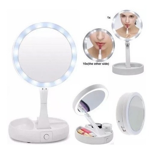 Espelho c/ Porta Joias LED de Mesa Dobrável com A