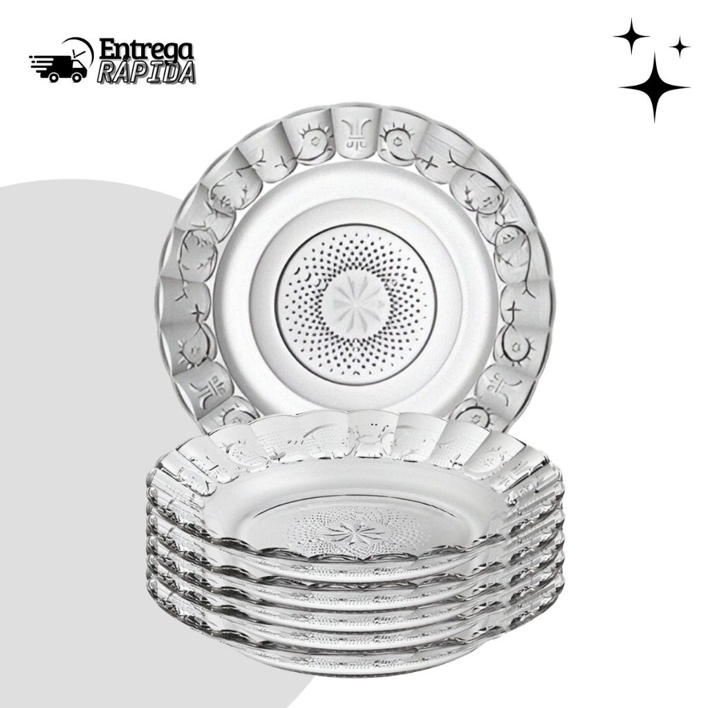 Conjunto com 6 Pratos Fundos Egípcios de Vidro 21,5cm  Design em Alto Relevo, Sofisticado e Moderno