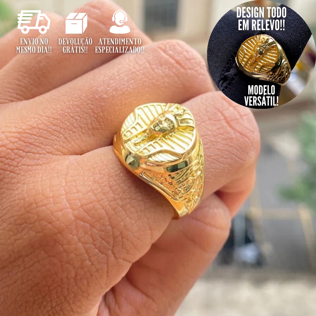 Anel Masculino Banho de Ouro 24k Anel de Faraó Dedeira Masculina Banhada