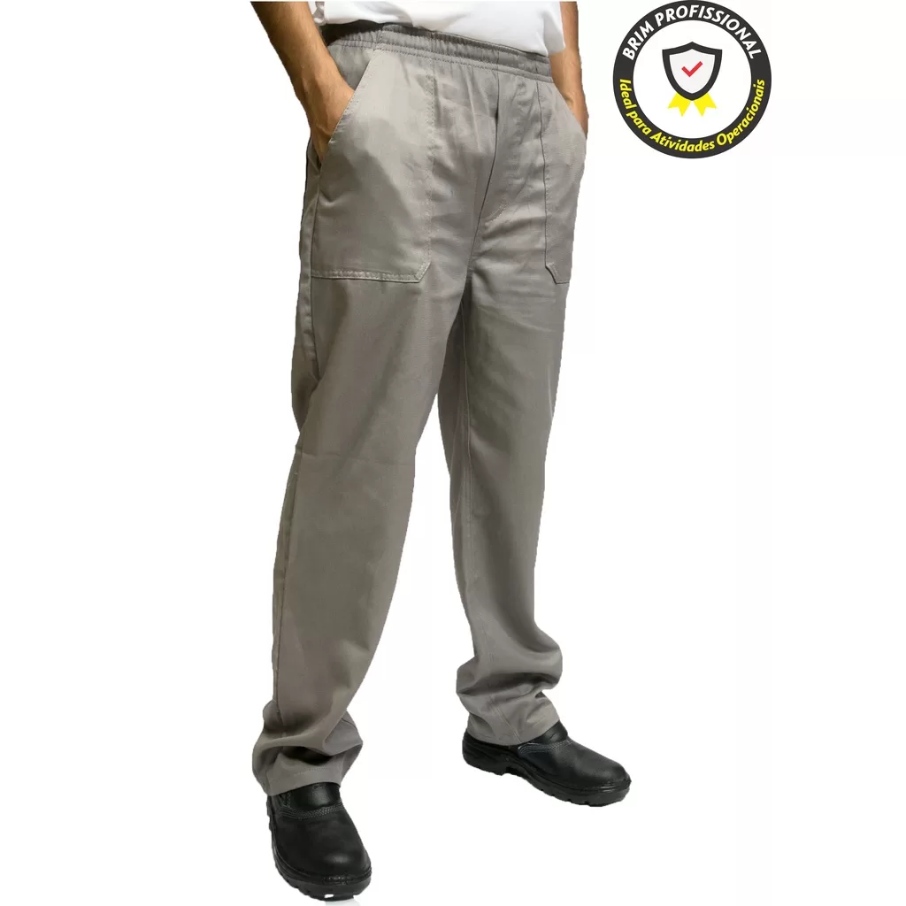 Calça Masculina Operacional Elástico Total Brim Pesado – Cinza – 4 Bolsos Uniforme Trabalho Empresa