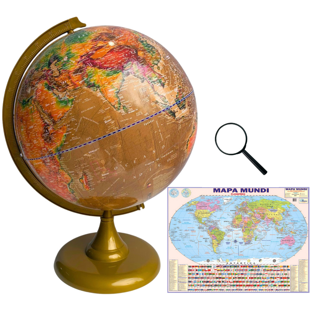 Globo Terrestre Político Histórico Satélite 30cm Diâmetro e 43cm Altura + Mapa Mundi Gigante + Lupa