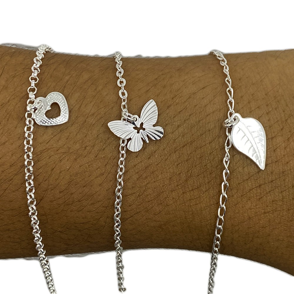 Kit 3 Tornozeleiras Feminina Folheadas Prata 925 Legítima