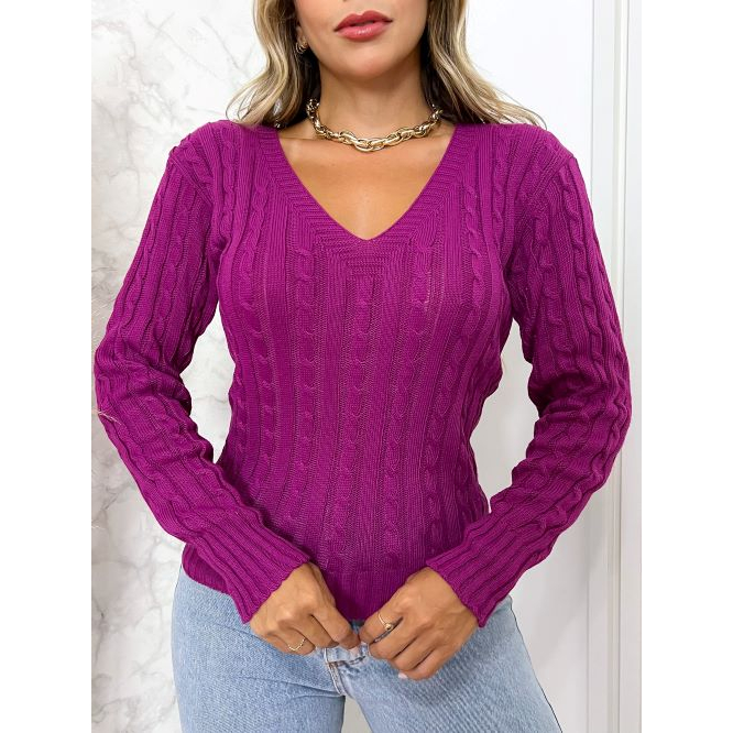 blusa gola v tranca manga longa de tricot