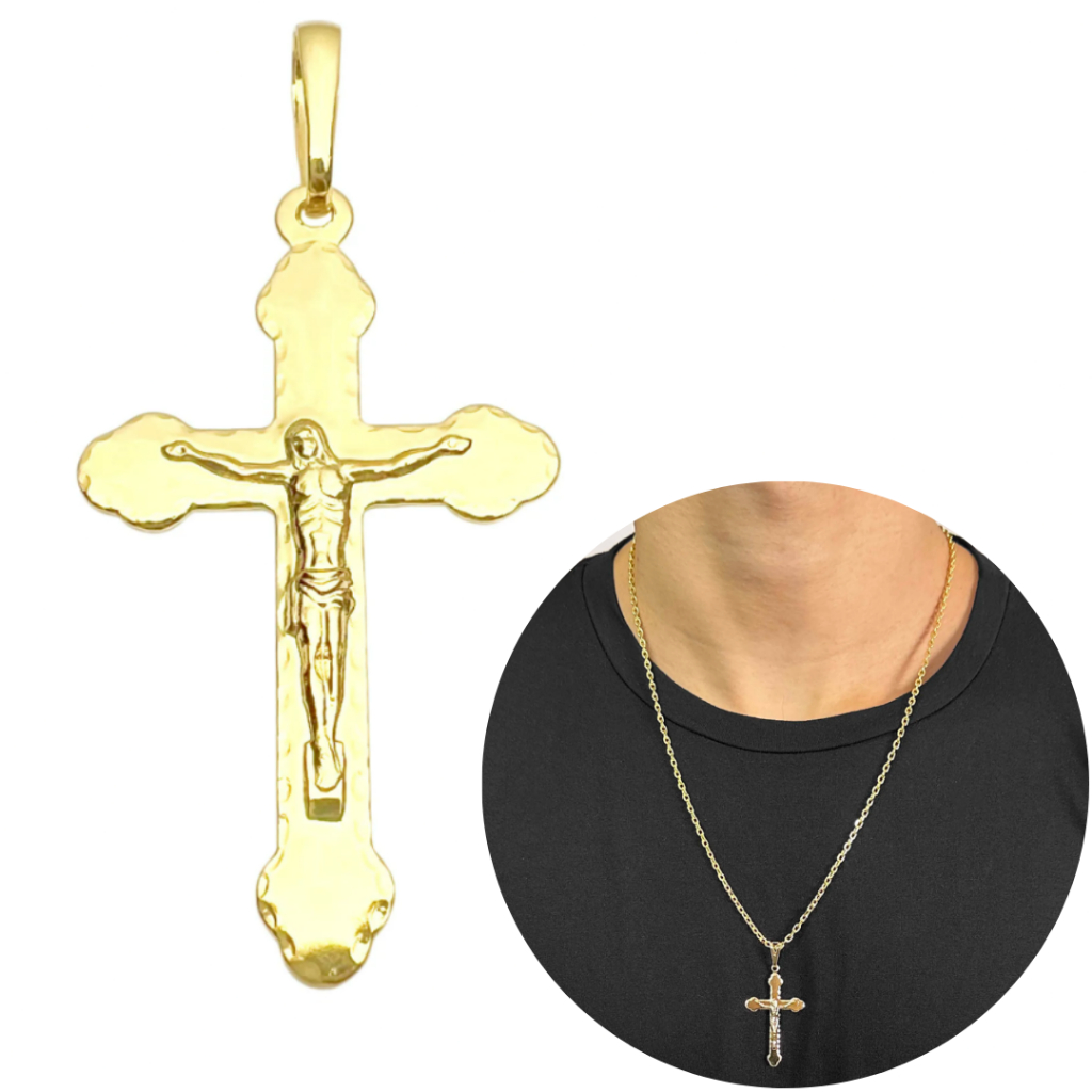 Pingente Masculino de Ouro Crucifixo Em Relevo Banhado a Ouro 24k Pingente de Cruz Jesus