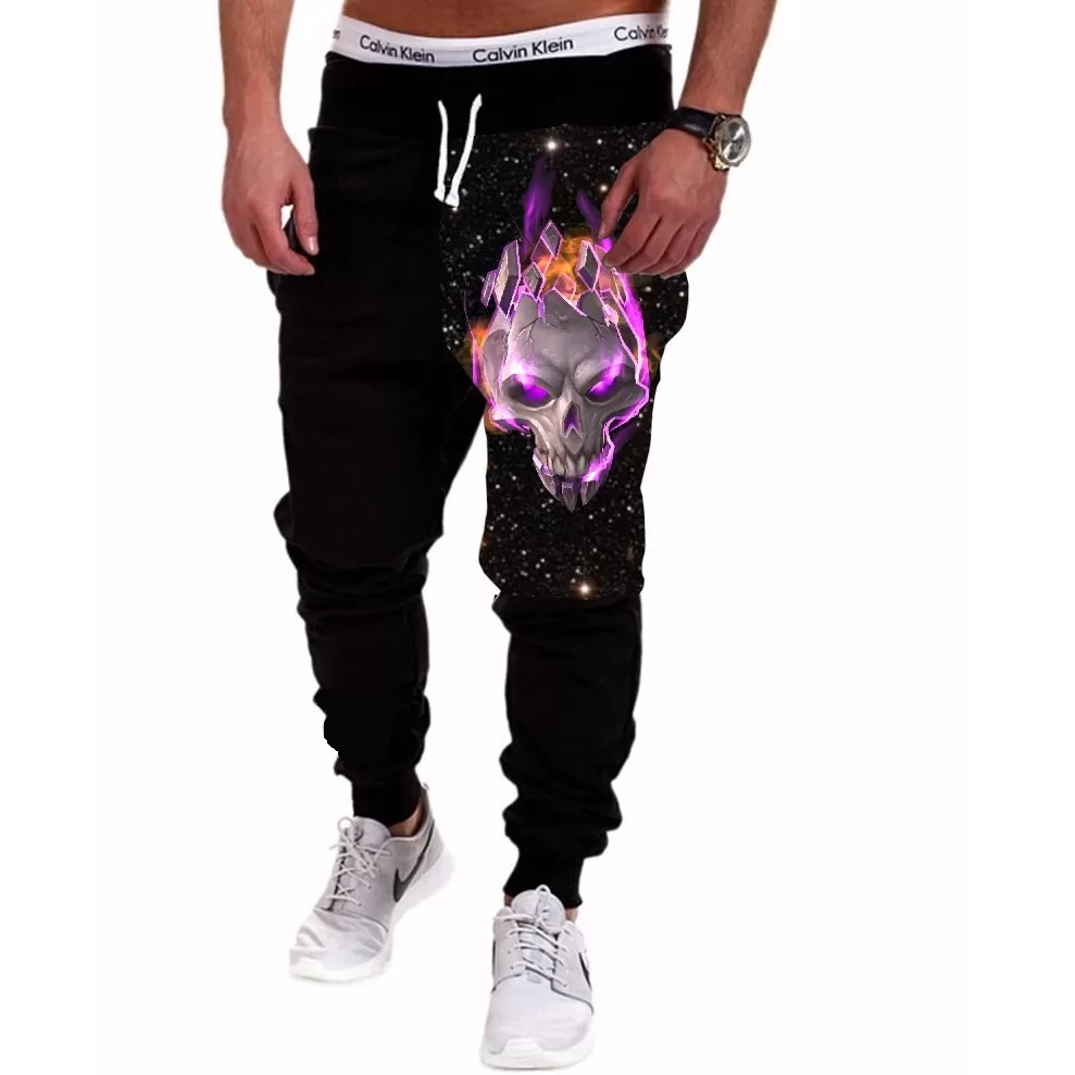 Calça Masculina de Moletom Estampada por Sublimação Caveira Lilás Chamas A112