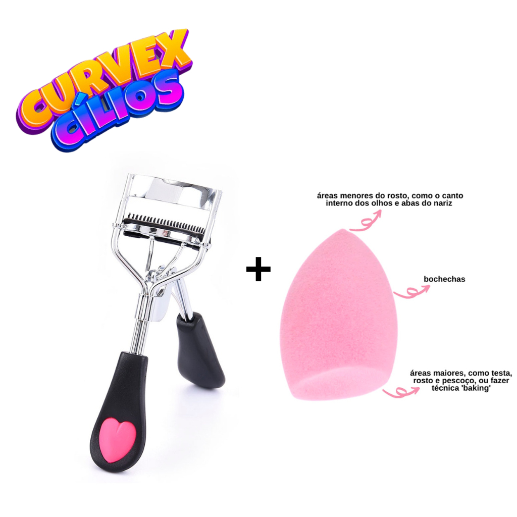 Curvador De Cílios Curvex Profissional Cores sortidas Mais Esponja Chanfrada para Base e Pó Maquiage
