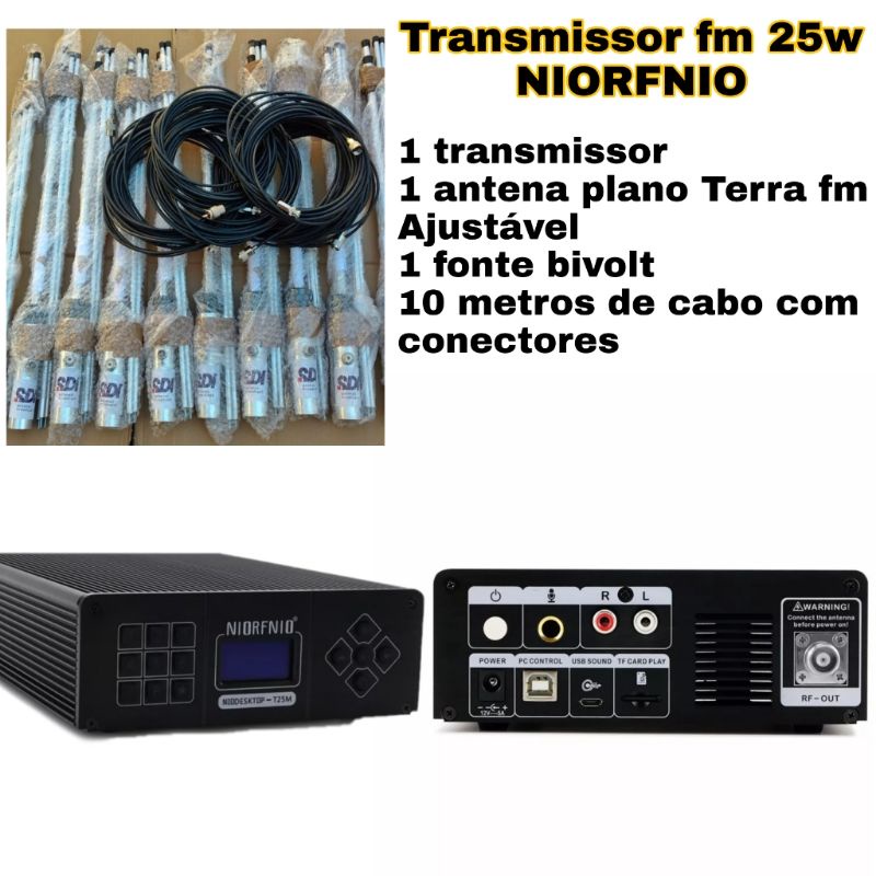 transmissor fm 25w de potência niorfnio  + antena + cabo + fonte de alimentação bivolt