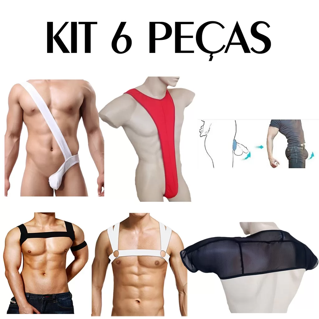 Kit 6 Peças Masculina Anel Aumenta Volume + Harness + Bodystrap Cuecas Sexlord