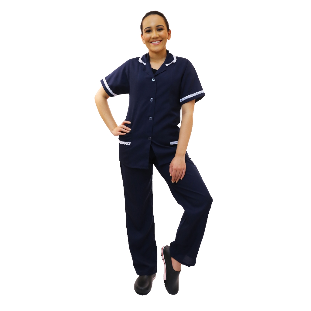 Conjunto Uniforme Copeira Oxford Feminino – Azul Marinho – Limpeza Babá Faxineira