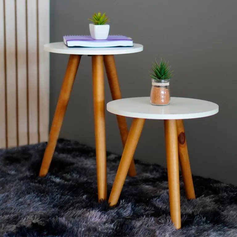 Conjunto de Mesinha Lateral Redonda Sala Pe Madeir