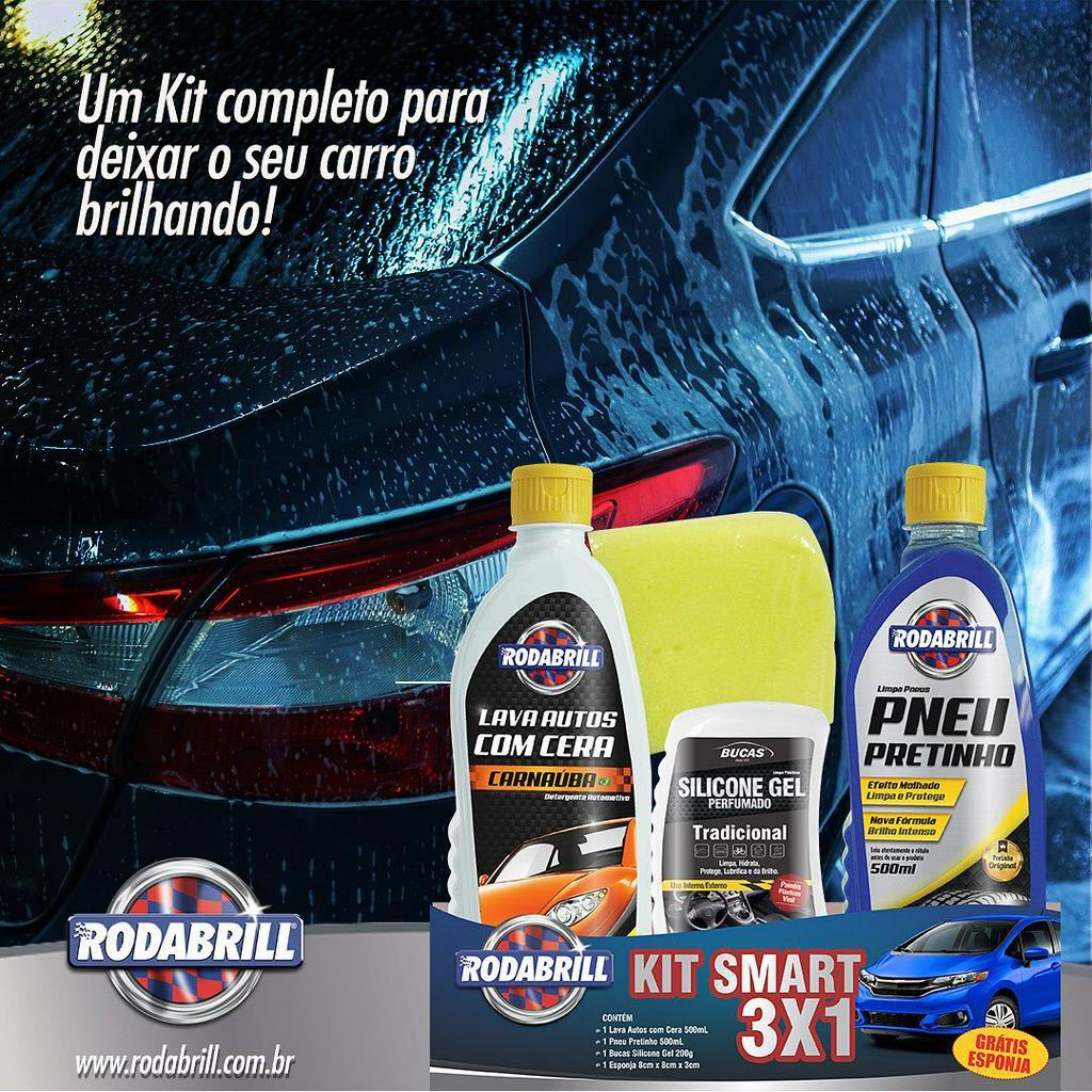 Kit Smart 3X1  – ( Lava Auto C/ Cera / Pneu Pretinho / Silicone Bucas Gel / Esponja ) Rodabrill