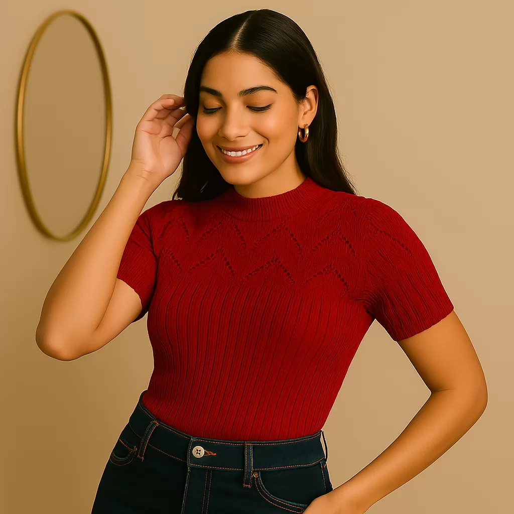 Blusa de Tricô Feminina Manga Curta Gola Alta Elegante Básica Casual