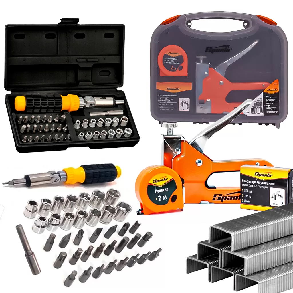 Kit Jogo De Ferramentas 44 Peças Soquetes Bits C/ Chave Catraca + Kit Grampeador