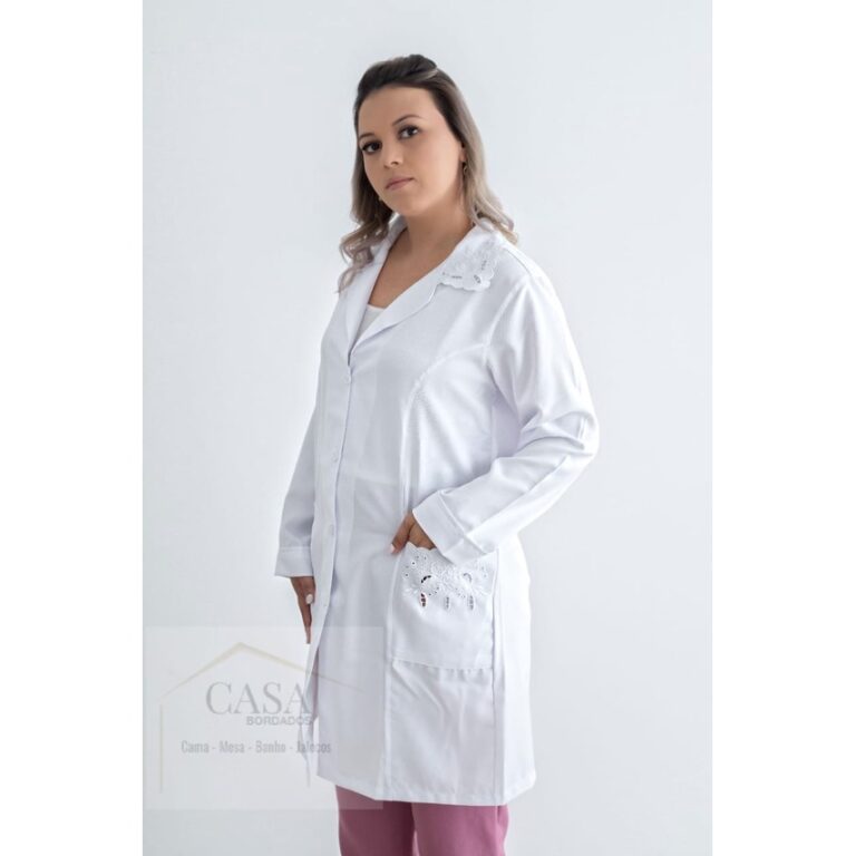 Jaleco Feminino Branco Bordado Tecido Microfibra 9