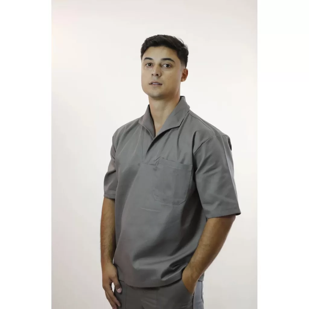 Camisa Masculina Jaleco Gola Italiana Operacional – brim leve – Cinza Manga Curta com Bolso Uniforme
