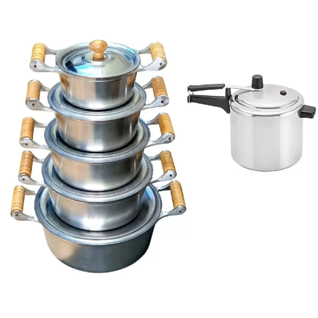 Promoção Jogo de Panelas 5 Caçarolas Alumínio Batido e Fundido Panela Minas Asa de Madeira + Panela