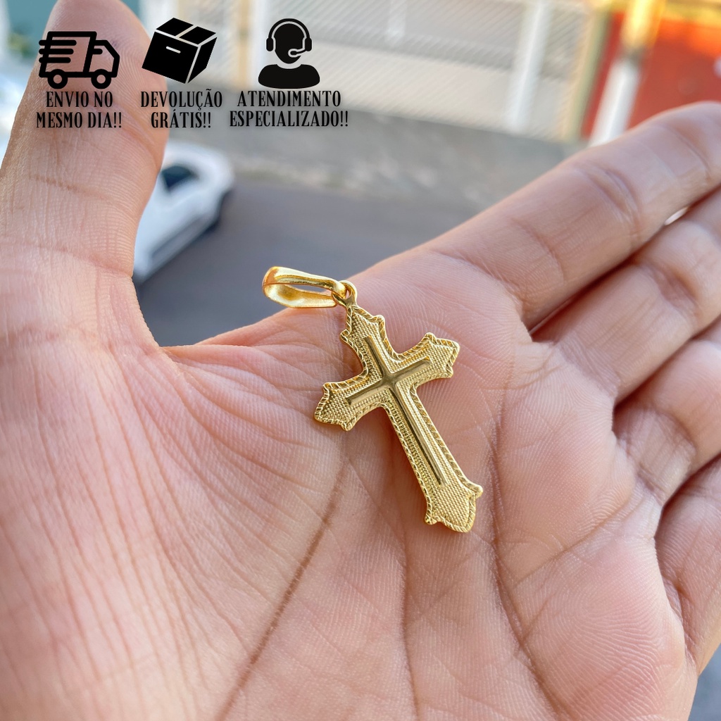 Pingente Masculino De Ouro Crucifixo Médio Banhado a Ouro 24k Pingente De Cruz