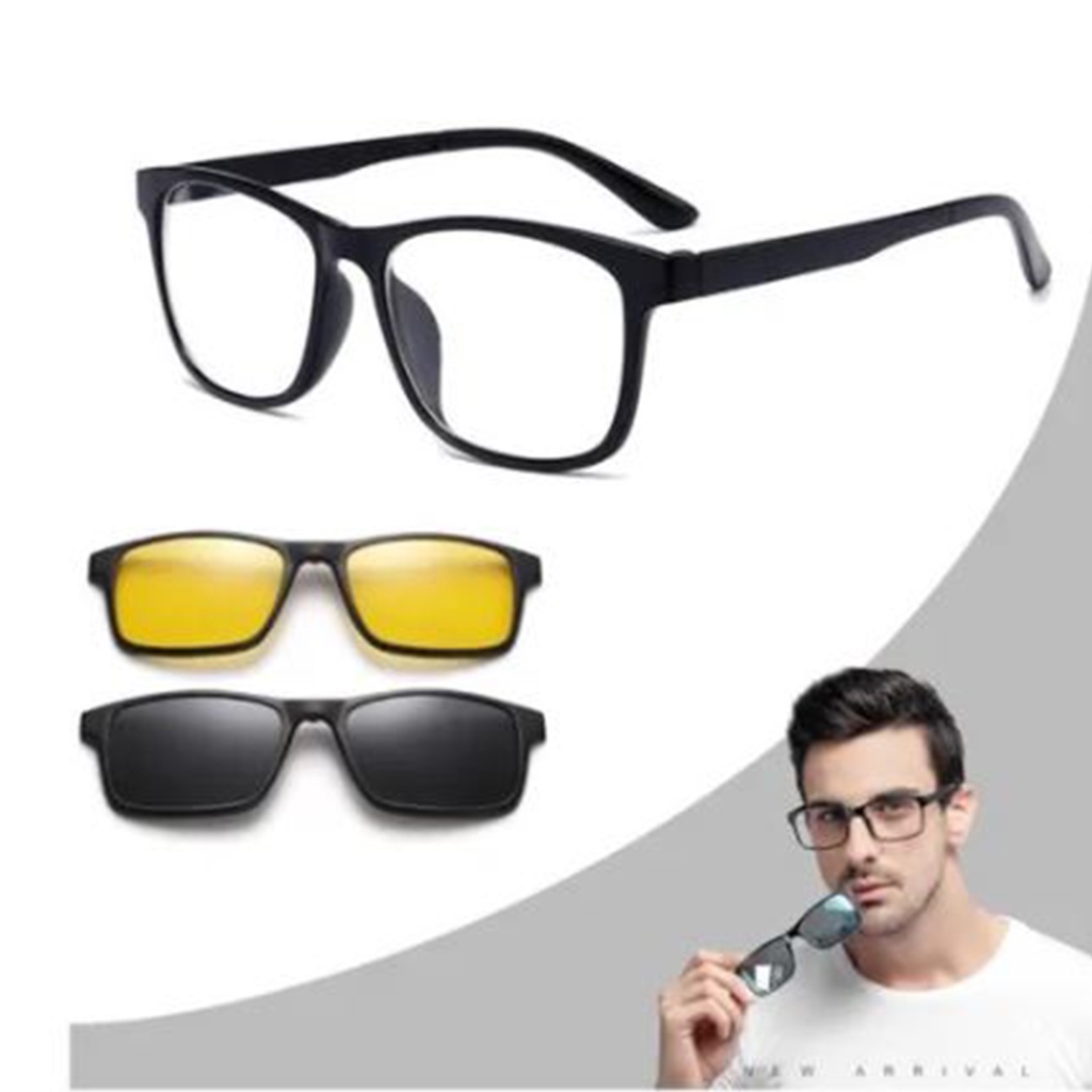 armação de óculos para grau masculino clip on 3 em 1 em acetato com lente polarizada preta