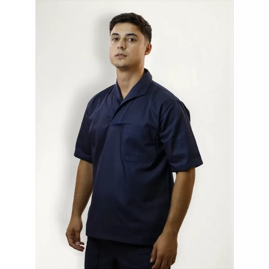Camisa Masculina Jaleco Gola Italiana Operacional – brim leve – Azul Marinho Manga Curta Uniforme