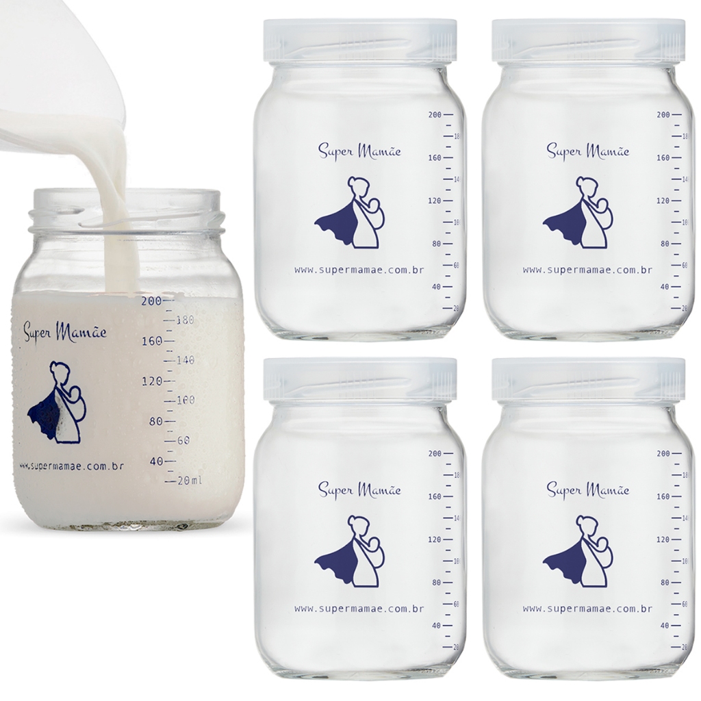 Kit com 5 Potes de Vidro para Armazenar Leite Materno 200ml Com Graduação