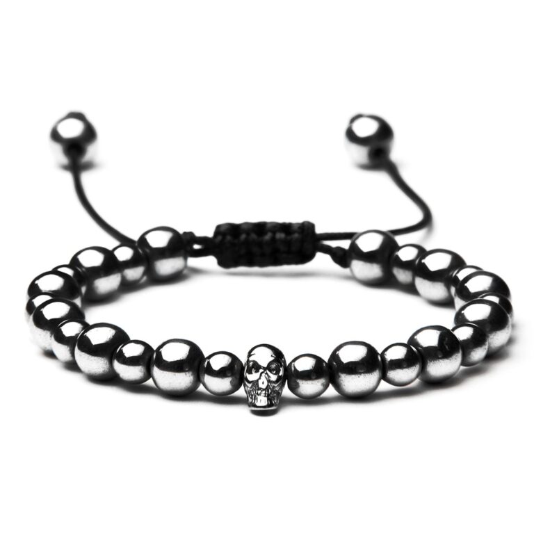 Pulseira de Pedra Hematita com Caveira Skull Macra