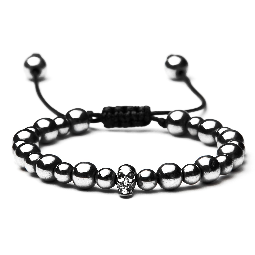 Pulseira de Pedra Hematita com Caveira Skull Macramê Modelo Unissex Feminina e Masculina