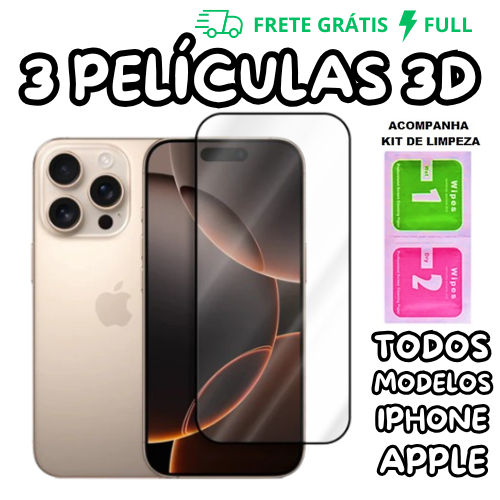 ATÉ 3 PELÍCULAS DE VIDRO 3D PARA IPHONE TODOS MO