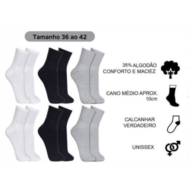 Kit Com 12 Pares de Meia Esportiva