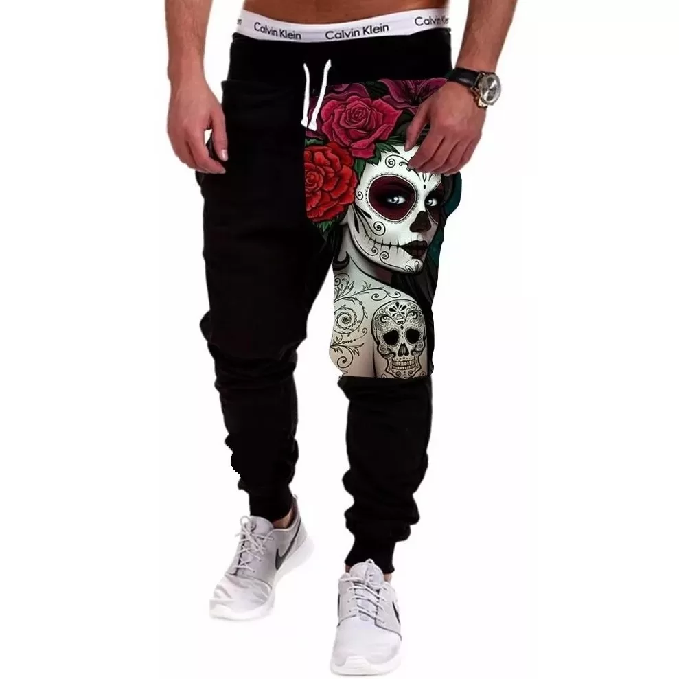Calça Masculina de Moletom Estampada por Sublimação Mulher Caveira Mx Rosas A248