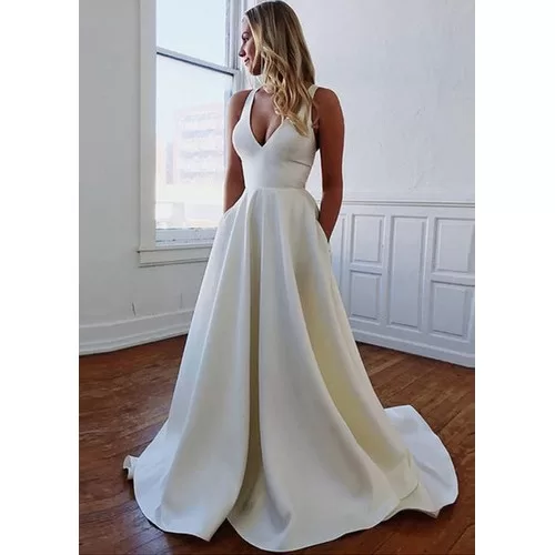 Vestido De Noiva Com Bolso Frente Decote V Alça F