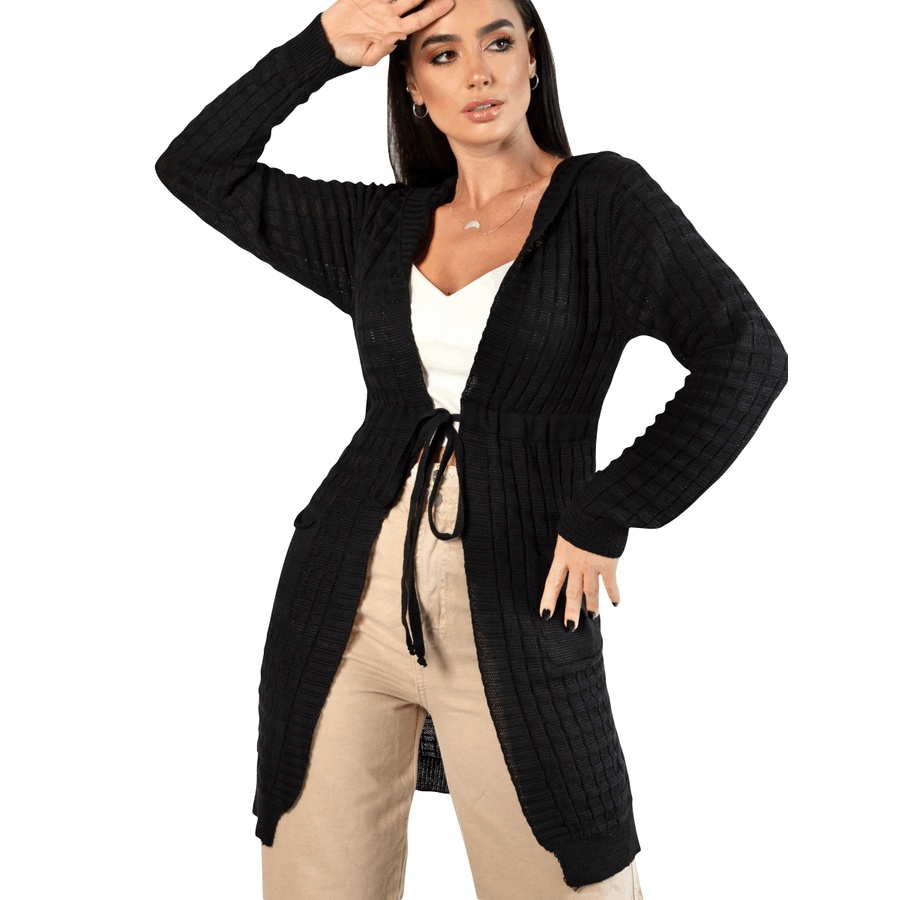 Casaco Feminino Touca e Bolso Tricot Blusa Feminino Inverno