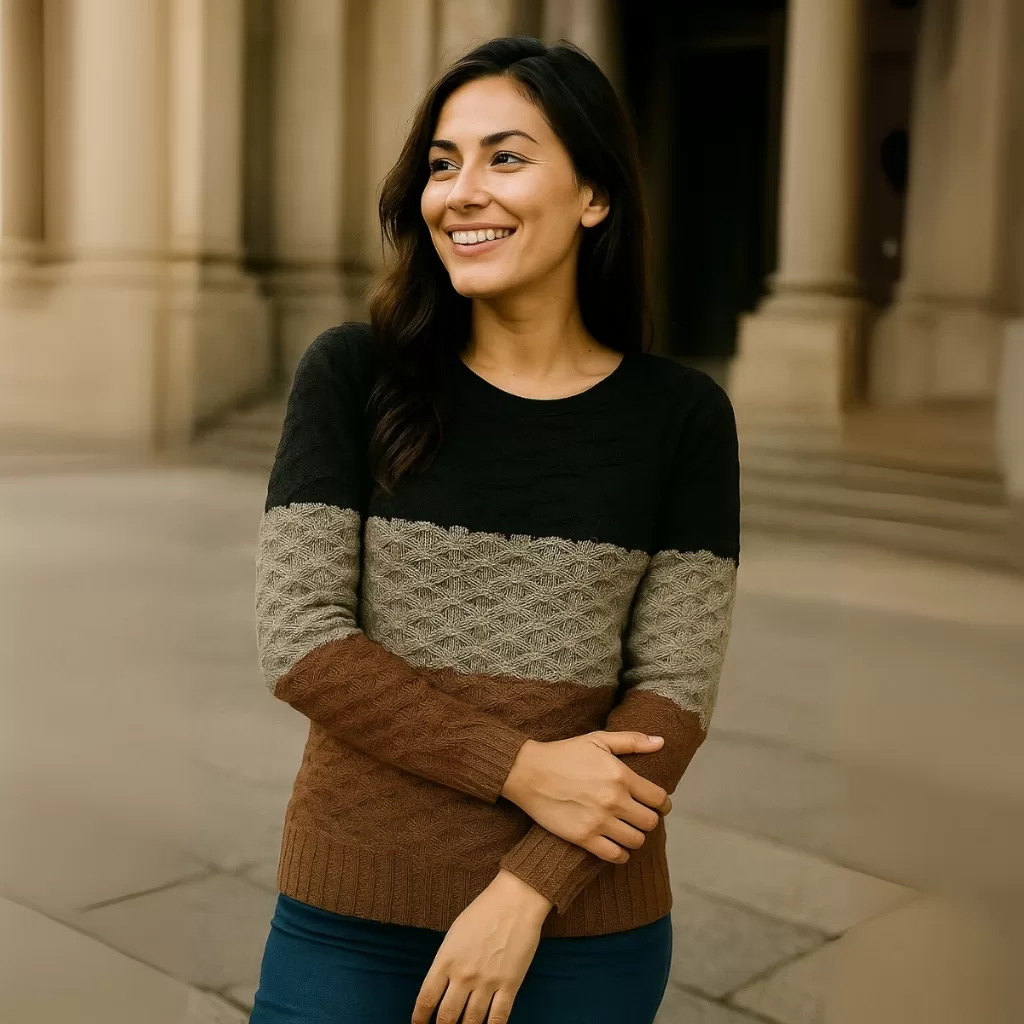 Blusa de Frio Feminina Manga Longa Tricô Inverno Detalhe em Relevo Tricolor Básica Casual