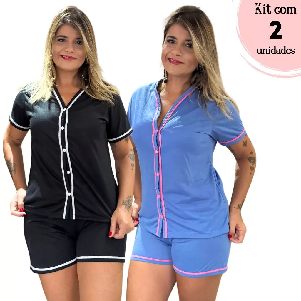 Kit 2 Pijamas Americano Amamentação Baby Doll meia manga com botões em Malha