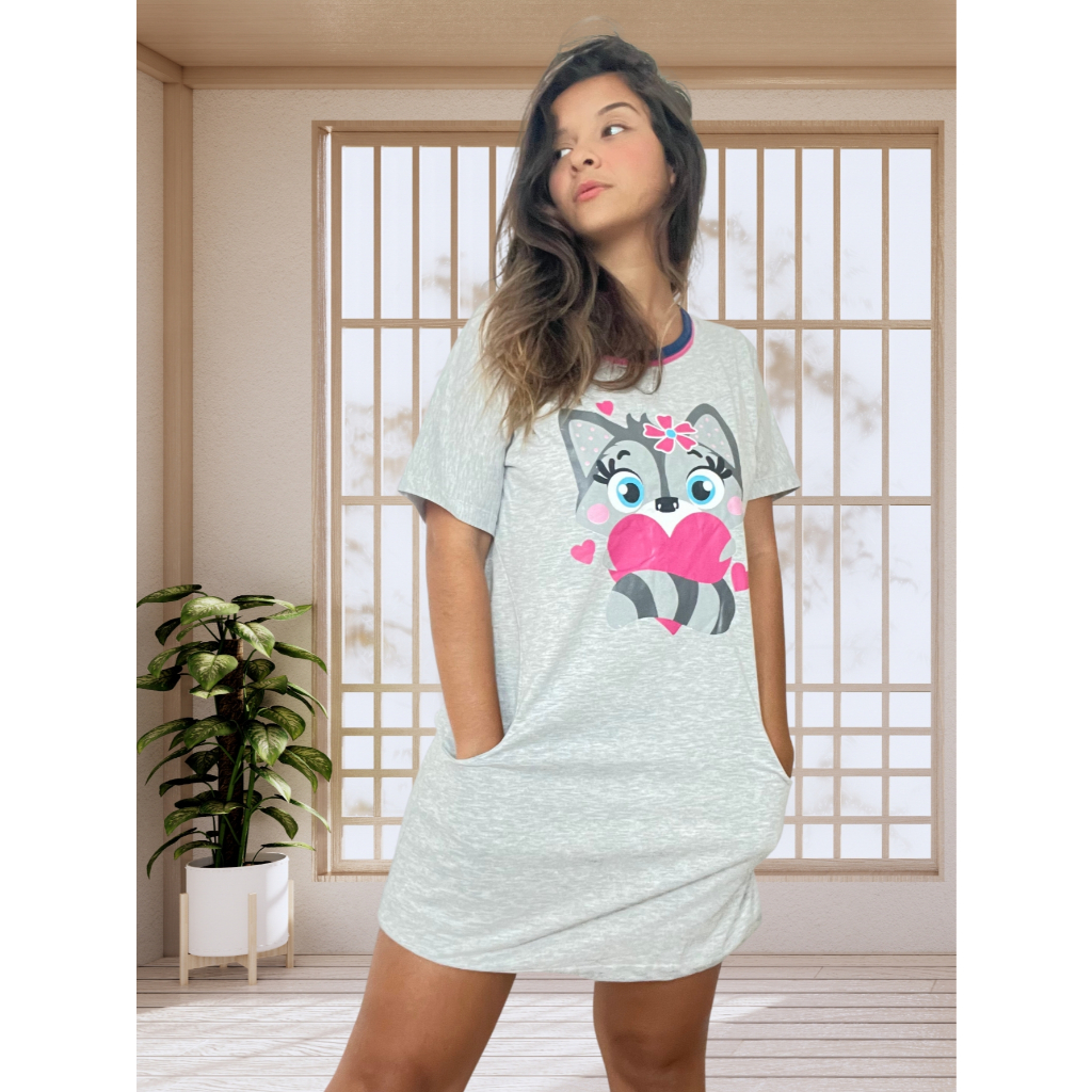 Camisola Adulto Camisão Feminino Meia Manga Bichinho 365