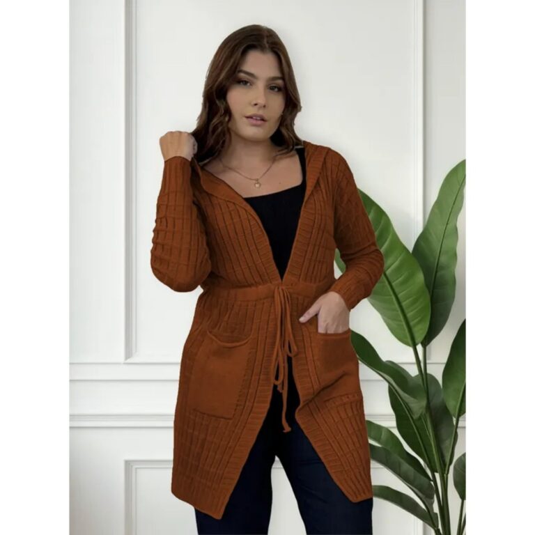 Cardigan Feminino Longo Com Bolso E Capuz Trico Tr