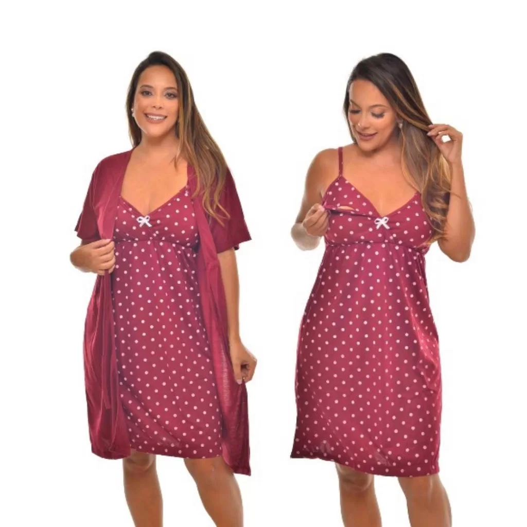 Camisola Gestante com Robe Pós Parto Amamentação Maternidade – Vinho Poa
