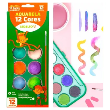 Estojo Aquarela 12 Cores Escolar Tinta e Pincel &#
